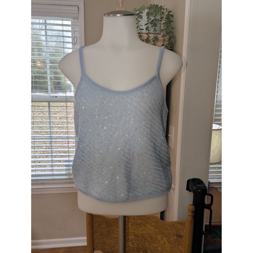 Knit Sequin Camisole Women S Blue Y2K 90s Spaghetti Strap Sparkle Top